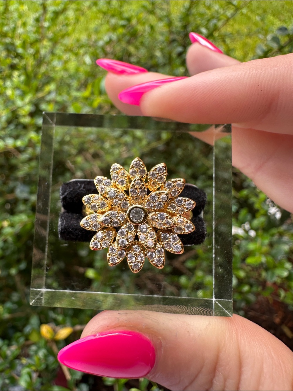 Gold Floral Crystal Statement Ring -